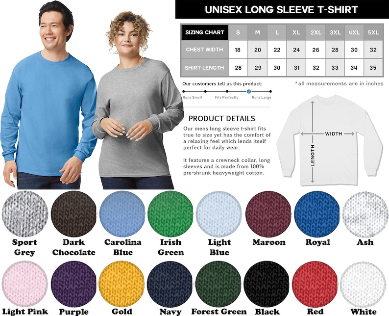 Op de afbeelding: Unisex longsleeve t-shirt in verschillende kleuren, waaronder sport grijs, donker chocolade, carolina blauw, irisch groen, lichtblauw, maroon, royal, as, licht roze, paars, goud, marine, bosgroen, zwart, rood en wit. De maattabel toont de borstbreedte en de shirtlengte in inches.