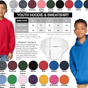 Op de afbeelding: Maattabel voor jeugd hoodies en sweatshirts met kleurstalen. De tabel toont de borstbreedte en de shirtlengte in inches voor de maten XS, S, M, L en XL. De kleurstalen omvatten Sportgrijs, Donkergrijs, Bordeauxrood, Veiligheidsroze, Bosgroen, Zwart, Rood, Koningsblauw, Marineblauw, Wit, Carolina Blauw, Iers Groen, Lichtroze, Paars, Goud, Heliconia en Oranje.