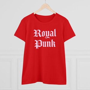 May include: Red t-shirt with a pink graphic that says "Royal Punk" in a gothic font.