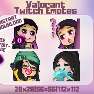 Twitch Valorant Emote Bundle | 4 Emotes + 1 Sub/Bit-Badge | Cute Reyna, Sage, Killjoy Chibi | Discord Emote | Streamer Graphic