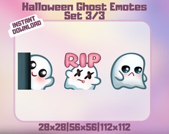 Puede incluir: Tres emojis de fantasmas de dibujos animados con diferentes expresiones. El primer fantasma está asomándose desde detrás de una pared. El segundo fantasma tiene un letrero rosa de RIP sobre su cabeza y está sacando la lengua. El tercer fantasma tiene una expresión triste. Los emojis son de diferentes tamaños: 28x28, 56x56 y 112x112.