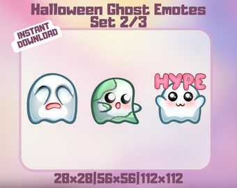 Puede incluir: Tres emojis de fantasmas de dibujos animados con diferentes expresiones. El primer fantasma tiene los ojos cerrados y una expresión triste. El segundo fantasma tiene los ojos abiertos y una expresión sorprendida. El tercer fantasma tiene los ojos abiertos y una expresión feliz con la palabra "HYPE" en letras rosas sobre su cabeza. Los emojis son de diferentes tamaños: 28x28, 56x56 y 112x112.