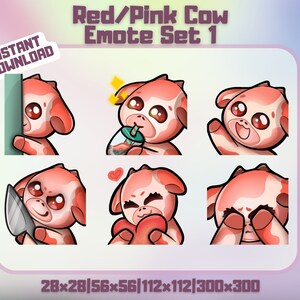 Kawaii Różowe Krowy Zwierzęce Emotki | 6 Uroczych Czerwonych Krów Emotikony | Twitch, Discord, YouTube | Zestaw 1