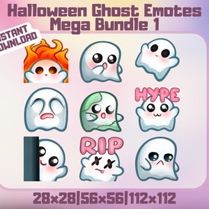 Puede incluir: Un conjunto de nueve emoticonos de fantasmas de Halloween en varias poses y expresiones. Los emoticonos son de diferentes tamaños, siendo el más pequeño de 28x28 píxeles y el más grande de 112x112 píxeles. Los emoticonos presentan una variedad de expresiones, incluyendo feliz, triste, sorprendido y enojado. Los emoticonos son perfectos para agregar un toque de diversión de Halloween a tus chats en línea.