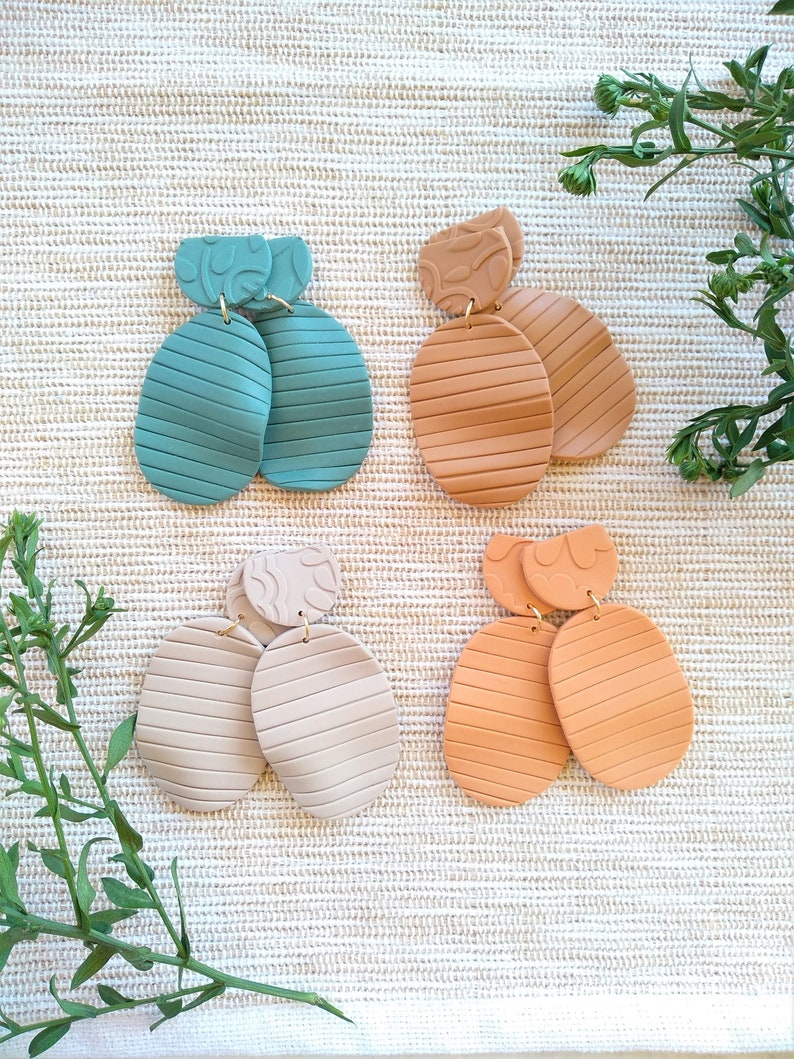 Camel MARIA dangles Handmade clay earrings Statement dangle earrings Beige Burgundy Peach Teal Oval clay earrings