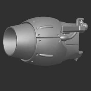 May include: A gray 3D printed model of a futuristic jet engine with a nozzle and a handle.