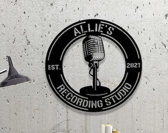 May include: Black and white metal sign with the text "Allie's Recording Studio Est. 2021" and a microphone inside a circle.
