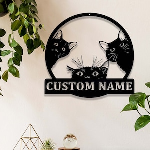 Custom Cat Sign,Personalized Cat Name Sign,Kitten Welcome Sign Door Hanger,Halloween Cat Decor,Metal Peeking Cat Wall Art,Cat Lover Gift