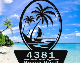 Letrero de metal con dirección de casa de playa personalizada, arte de pared con palmera y tabla de surf en la playa, letrero personalizado para casa de playa familiar, decoración de casa de playa en velero