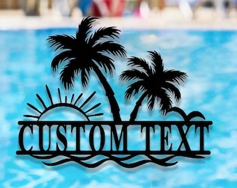 Custom Palm Trees Beach House Metal Sign,Family Beach House Wall Art,Personalized Sunshine Palm Tree Pool Sign,Pool Sign,Poolside Wall Decor