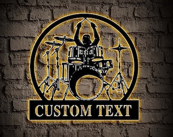 Signo de metal de baterista personalizado, luces LED de arte de pared masculina de baterista, signo de nombre de tambor personalizado, decoración de sala de música de tambor, decoración de guardería para niños