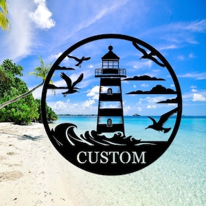 Personalized Lighthouse Sign,Custom Lighthouse Name Sign,Beach House Decor,Harbor Sign,Lighthouse Metal Wall Art,Lighthouse Coastal Decor