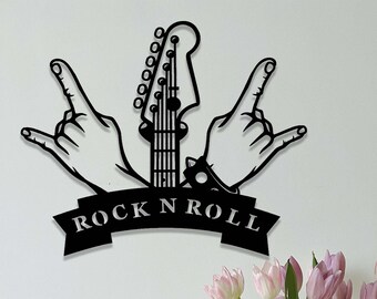 Letrero de metal de rock and roll personalizado, letrero de nombre de rock roll personalizado, arte de pared de metal de guitarra de mano de rock, decoración de estudio de sala de música, regalo de cantante de rock