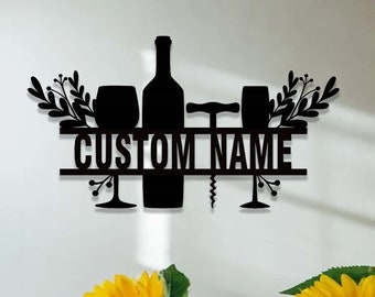 Custom Wine Sign,Vino Wine Glasses Metal Wall Art,Floral Wine Wall Decor,Personalized Wine Bar Sign,Kitchen Decor,Wedding Mothers Day Gift
