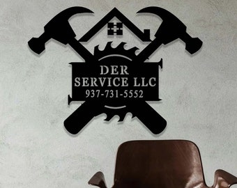 May include: Black metal sign with a house, two hammers, and a saw blade. The sign reads "DER SERVICE LLC 937-731-5552".