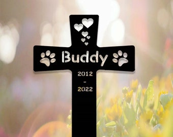 Custom Metal Pet Memorial Stake,Dog Paw Prints Grave Marker,Personalized Dog Cat Loss Gift,Cross Garden Stake for Loss of Pet,Dog Mom Gift