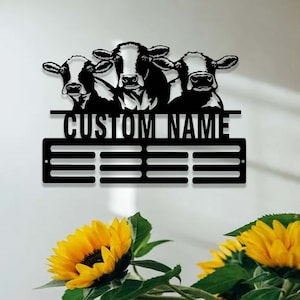 Personalized Cow Medal Holder,Cow Custom Name Medal Hanger,12 Rungs for Medals & Ribbons,Cows Medal Display,Kids Room Sports Decor