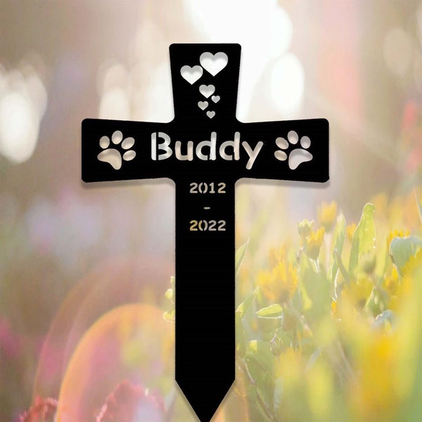 Custom Metal Pet Memorial Stake,Dog Paw Prints Grave Marker,Personalized Dog Cat Loss Gift,Cross Garden Stake for Loss of Pet,Dog Mom Gift