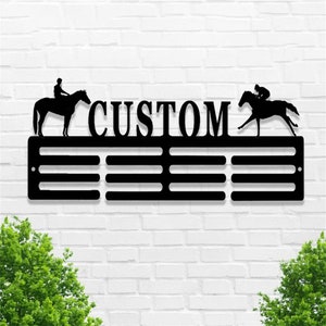 Personalized Horse Riding Medal Holder,Custom Horse Name Medal Hanger,12 Rungs for Medals & Ribbons,Sports Themed Ribbon Holder for Wall