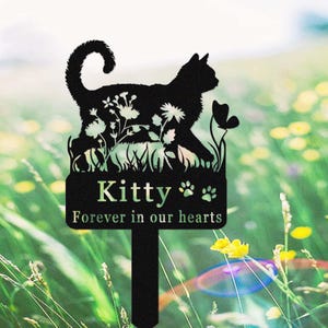 Paletto commemorativo per gatti personalizzato, lapide per gatti, paletto da giardino in metallo per gatti con fiori, regalo personalizzato per la perdita di un gatto, decorazione da giardino per gatti, paletto da giardino per gatti