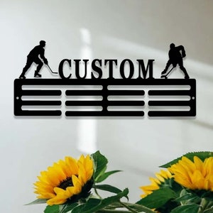 Personalized Hockey Medal Holder,Custom Hockey Player Name Medal Hanger,12 Rungs for Medals & Ribbons,Hockey Sport Display Awards Sign