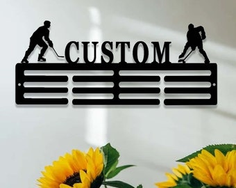 Personalized Hockey Medal Holder,Custom Hockey Player Name Medal Hanger,12 Rungs for Medals & Ribbons,Hockey Sport Display Awards Sign