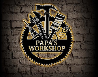 Custom Workshop Metal Sign with Light,Carpenter Tools Wall Decor,Personalized Papas Work Shop Sign,Repair Tools Metal Wall Art,Mechanic Gift