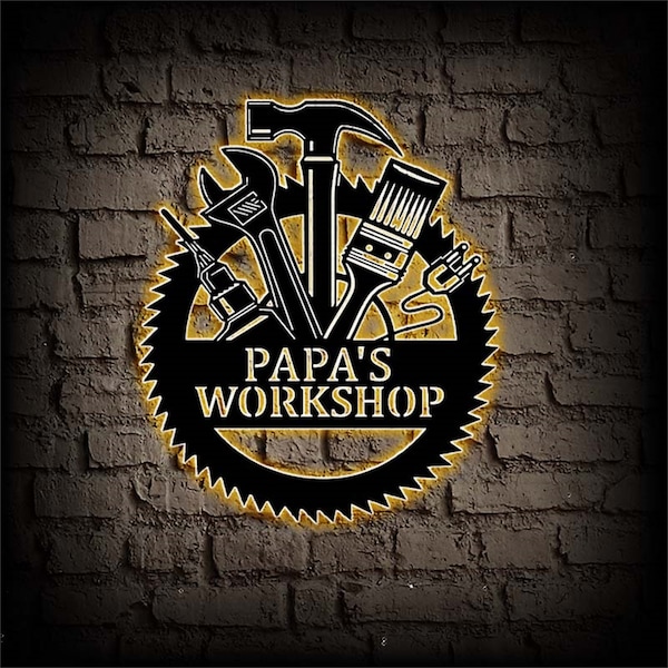 Aangepaste workshop metalen teken met licht, timmerman gereedschap muur decor, gepersonaliseerde papa's werk winkel teken, reparatie gereedschap metalen kunst aan de muur, monteur cadeau