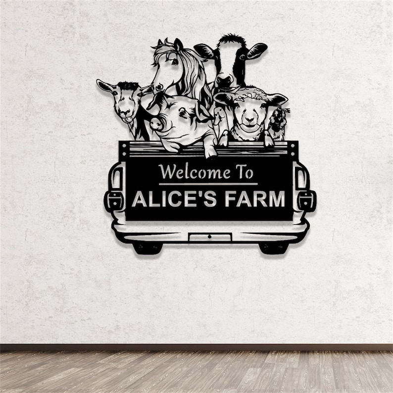 May include: Black metal silhouette of a pickup truck with a variety of farm animals in the bed. The truck has a sign that reads "Welcome to Alice's Farm".