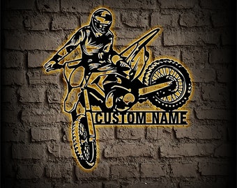 Custom Dirt Bike Metal Sign,LED Dirt Bike Metal Wall Art,Personalized Biker Name Sign,Motocross Rider Home Decor,Motorcycle Biker Gift