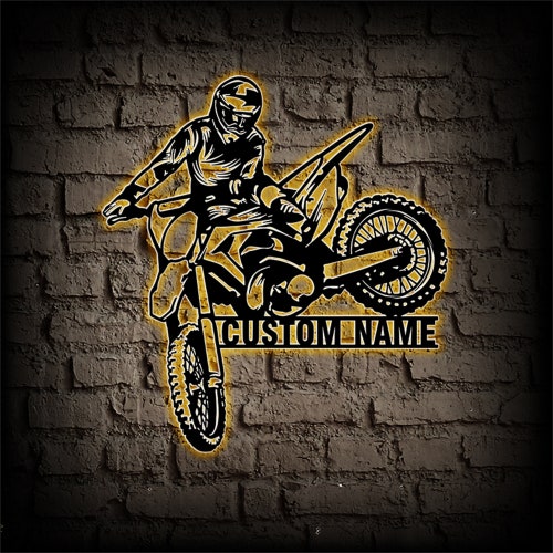 Panneau Mural Personnalisable Motocross Avec LEDs - En Métal, Idéal Pour Déco Garage, Bar, Jardin