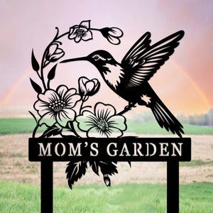 Letrero personalizado de colibrí para jardín, estaca metálica de colibrí para jardín, letrero personalizado con el nombre del jardinero, arte de colibrí para jardín, decoración metálica para jardín y patio