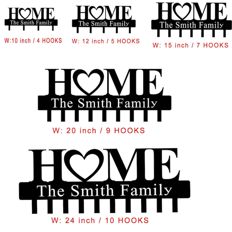 Op de afbeelding: Zwart metalen "HOME" bord met een hart in plaats van de "O", en "The Smith Family" eronder. Verkrijgbaar in verschillende maten, van 25 cm breed met 4 haken tot 61 cm breed met 10 haken.