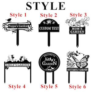 Puede incluir: Se muestran seis letreros de jard&iacute;n de metal negro. Los letreros presentan varios dise&ntilde;os y textos, incluyendo "Poppa's Garden", "Custom Text", "Mom's Garden", "Emily's Garden", "Kathy's Garden" y "Butterfly Garden".
