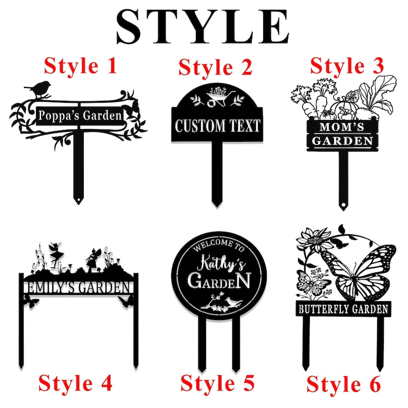 Puede incluir: Se muestran seis letreros de jard&iacute;n de metal negro. Los letreros presentan varios dise&ntilde;os y textos, incluyendo "Poppa's Garden", "Custom Text", "Mom's Garden", "Emily's Garden", "Kathy's Garden" y "Butterfly Garden".