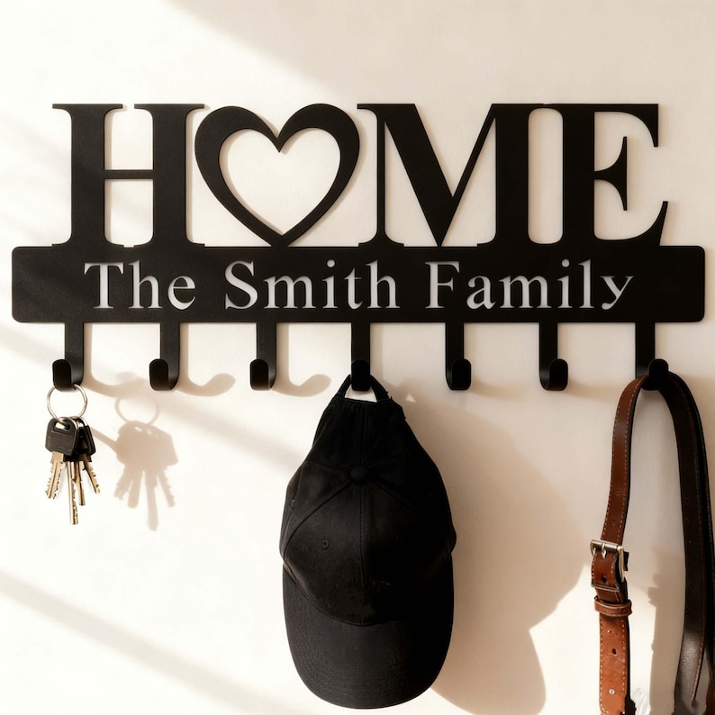 Op de afbeelding: Zwarte metalen wand sleutel- en jashanger met het woord "HOME" en een hartvormig ontwerp. Daaronder staat de tekst "The Smith Family". De hanger heeft zes haken, met sleutels, een hoed en een riem eraan.