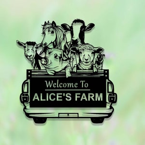 May include: Black silhouette of a pickup truck with a sign that reads "Welcome to Alice's Farm".  The truck bed is filled with the heads of a horse, cow, pig, sheep, and goat.