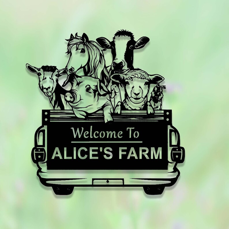 May include: Black silhouette of a pickup truck with a sign that reads "Welcome to Alice's Farm".  The truck bed is filled with the heads of a horse, cow, pig, sheep, and goat.