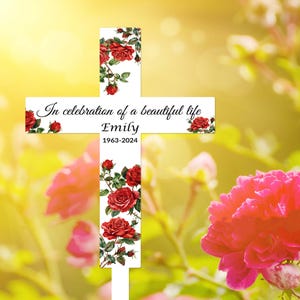 Custom Memorial Cross Garden Stake with Rose,Rose Metal Cross,Personalize Cross Stake,Loss of Loved One,Floral Cemetery Stake,Grave Marker