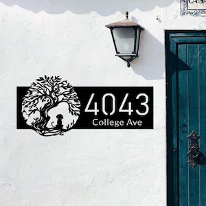 Custom Tree of Life with Dog Address Sign,Metal House Number Sign,Personalized Address Plaque,Street Name Sign,Front Door Sign,New Home Gift