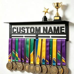Puede incluir: Un estante de pared de metal negro con el texto recortado CUSTOM NAME. El estante superior sostiene un trofeo de estrella dorada y una copa dorada. Debajo del estante, doce cintas coloridas con medallas de metal circulares cuelgan en fila.