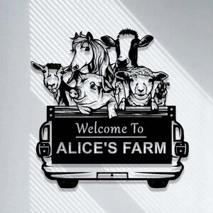 May include: Black and white silhouette of a truck bed filled with farm animals, including a horse, cow, pig, goat, and sheep. The truck bed has a sign that reads "Welcome to Alice's Farm".