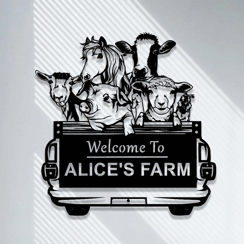 May include: Black and white silhouette of a truck bed filled with farm animals, including a horse, cow, pig, goat, and sheep. The truck bed has a sign that reads "Welcome to Alice's Farm".