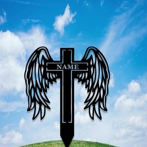 Custom Memorial Cross with Wings Metal Stake,Grave Marker,Personalized Angel Wings Cross Stake,Loss Of Loved One Garden Stake,Sympathy Gift
