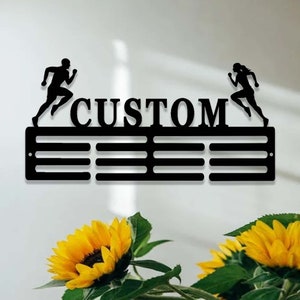 Personalized Running Award Medal Holder,Custom Male and Female Runner Name Medal Hanger,12 Rungs for Medals & Ribbons,Sports Medal Display