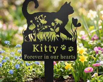 Custom Cat Memorial Stake,Cat Grave Marker,Metal Cat Garden Stake with Flowers,Personalized Cat Loss Gift,Cat Garden Decor,Cat Yard Stake