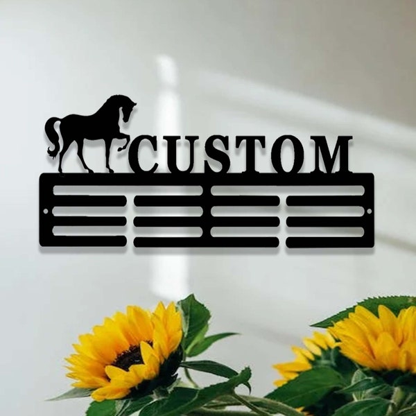Personalized Horse Ribbon Medal Holder,Custom Horse Name Medal Hanger,12 Rungs for Medals & Ribbons,Equestrian Ribbon Award Holder for Wall