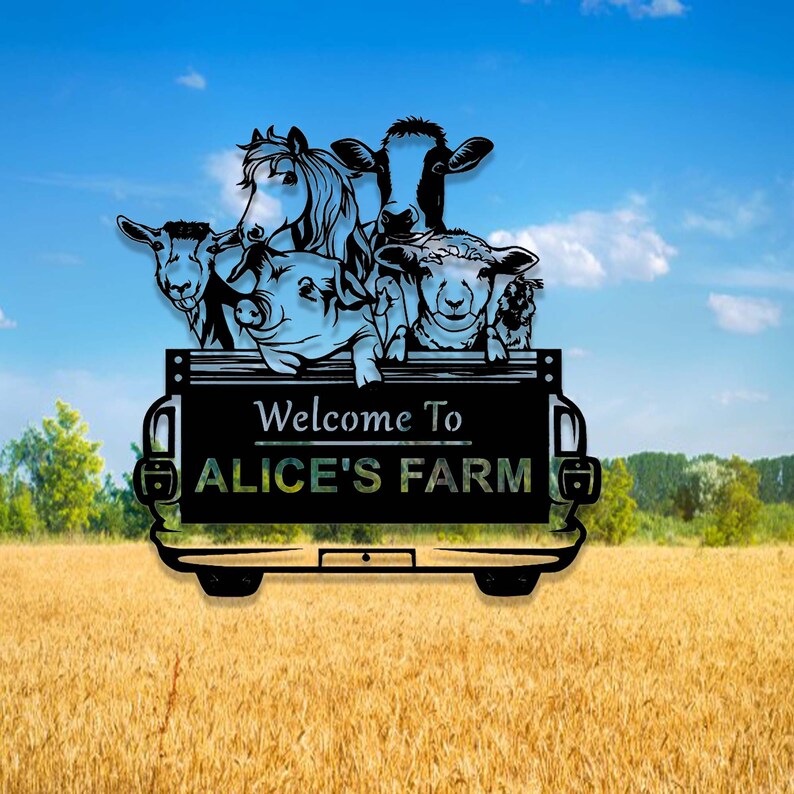 May include: Black metal silhouette of a truck bed with a horse, cow, pig, sheep, and goat peeking over the side. The truck bed has a sign that reads "Welcome to Alice's Farm".