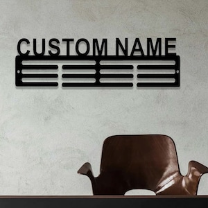 Custom Name Medal Hanger,Personalized Sports Medal Display,12 Rungs for Medals & Ribbons,Sports Themed Ribbon Holder for Wall,Award Rack