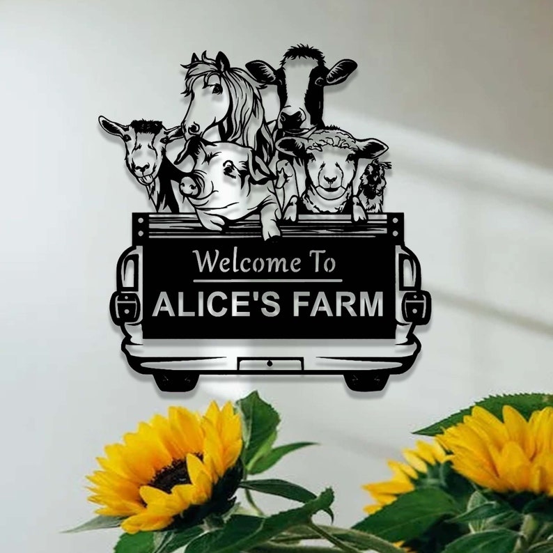 May include: Black metal silhouette of a truck bed filled with farm animals, including a horse, cow, pig, goat, and sheep. The truck bed has a sign that reads "Welcome to Alice's Farm".